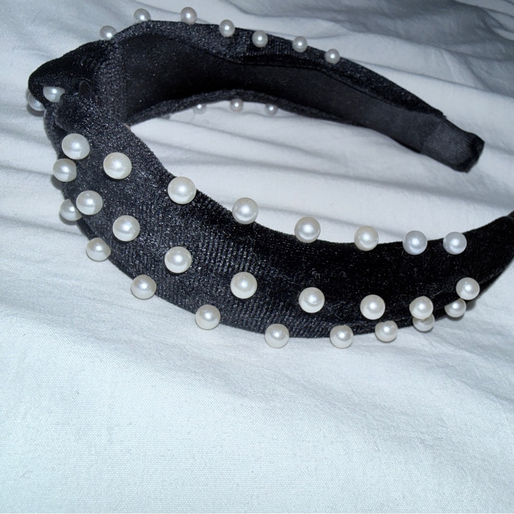 black velvet knotted headband with white pearls